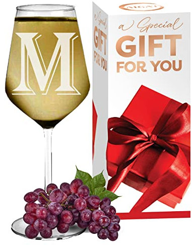 AIGAT Bicchiere da vino bianco di compleanno con lettera incisa, M, bicchiere da vino bianco regalo per sorella, misura 370 ml