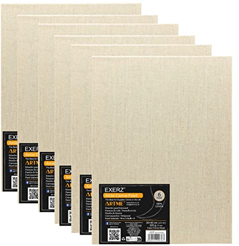Exerz Panneaux de Toile 100% Lin 30x40cm, Lot de 6, A3, Épaisseur 3 mm, 320 g/m², Triple Apprêt, Sans Acide, Grain Moyen - Idéal pour Peinture à l'Huile et Acrylique