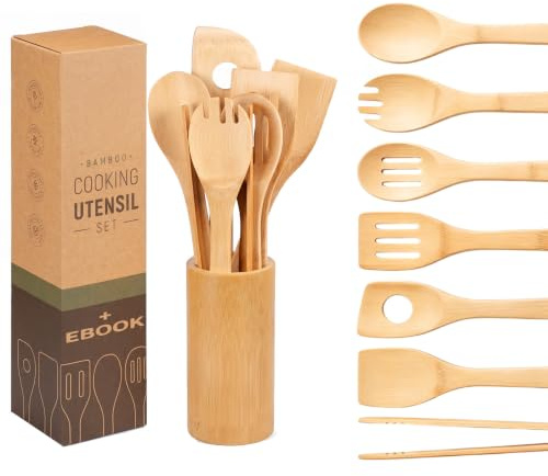 Wooden Spoons Cooking Utensils-8pcs Wooden Kitchen Utensils Set,Includes Cooking Spoon Spatula Turner Fork Kitchen Tongs,Easy to Clean,Great Gift for Friends and Family