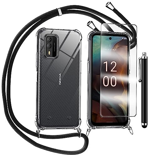 TTSWJBD Handykette für Nokia XR21 Hülle mit Displayschutzfolie Schutzfolie, Necklace Handyhülle mit Abnehmbar Kordel zum Umhängen Transparent Silikon Schutzhülle mit Band in Schwarz