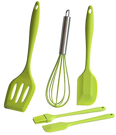 Juego de cocina de goma de silicona, 5 piezas (espátula pequeña + espátula grande + batidor de huevos + espátula + cepillo de aceite pequeño) herramientas para hornear verde