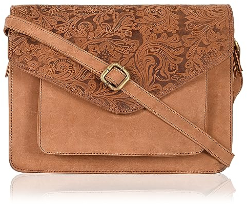 Leder-Umhängetasche mit Klappverschluss für Damen, mit verstellbarem Riemen und Druckknopfverschluss, E.cognac Hunter, Medium, Chris