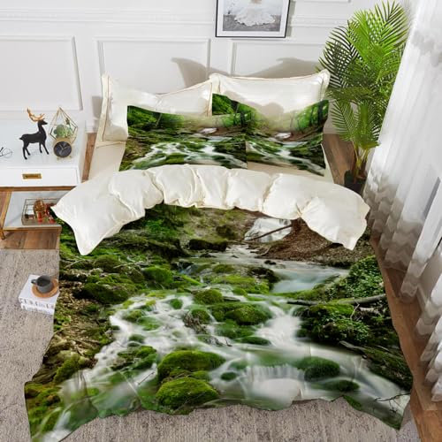 Bettwäsche 3 Teilig Bettgarnitur,Grüner Wasserfall des Regenwaldes und felsiger Moos bedeckter Bachherbst,Mikrofaser Bettbezug Set 1 Bettbezug Set 135 x 200 cm + 2 Kissenbezug 50x80 cm