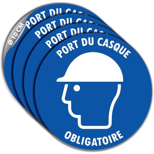 4 Stickers Ø 10 cm PORT DU CASQUE OBLIGATOIRE M014 autocollant | Étiquettes autocollantes rondes de signalisation de sécurité en vinyle adhésif pour obligation de protection de la tête