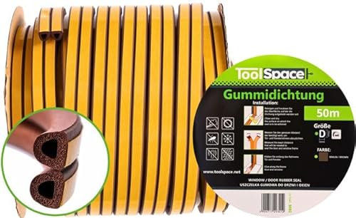 ToolSpace | Selbstklebendes Dichtungsband für Türen und Fenster | 50m - 12x10mm D Profil Braun| Türdichtung | Garagendichtung | Anti-Kollision Dichtungsstreifen | Gummidichtung | Schaumsiegelstreifen