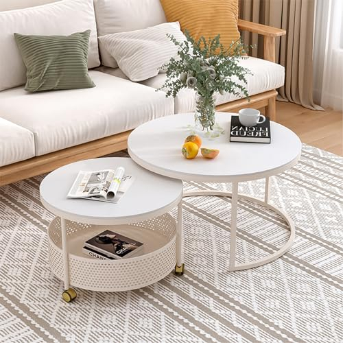 GHBXJX Modern Couchtisch Rund 2er Set, Metall Couchtisch mit Rollen und Stauraum, Sofa Tische Wohnzimmer Couch Beistelltisch, Mobiler Stubentisch, Cauchsofa Tisch, Belastbarkeit 100kg,Weiß