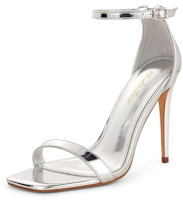 Zhabtuc Escarpins à talons hauts pour femmes, bout ouvert carré, bride de cheville, talon haut de 11 cm, chaussures élégantes et confortables, Argent, 37 EU
