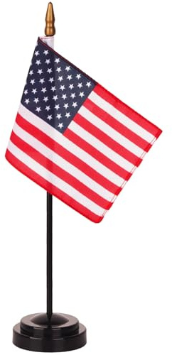 Wuliim Premiun USA Desk Flag Set - 4 x 6 inch Miniature American Desktop Flag with 12 Solid Pole, Black Base and Spear Top | Mini US American Office Table Flags - Vivid Color and Fade Resistant