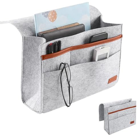 Tranquilique Felt Bedside Caddy Books With Pocket Large Capacity Space Saving Bed For Hanging(Light Grey,size:12.60x7.87x7.09inch)