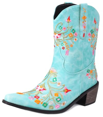 COOLCEPT Donna Western Polacchine Embroidered Fiore Stivali Western Tacco Largo al Polpaccio Corto Cowgirl Stivali Pull On Blue Numero 34