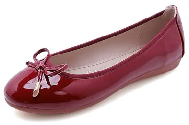 Dressnu Scarpe da ballo con fiocco piatto fondo morbido scarpe casual da donna, Pelle Verniciata Rosso Vino, 36.5 EU