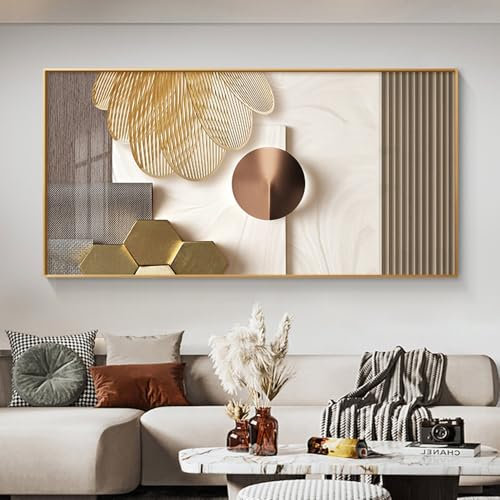 FSLEOVN Abstrakte Leinwand Bilder Gold Beige Geometrische Leinwanddruck Wandbilder XXL Modern Wohnzimmer Große Größe Beige Kunstposter Wanddeko Bilder No Framed (Beige Gold,80x160cm)
