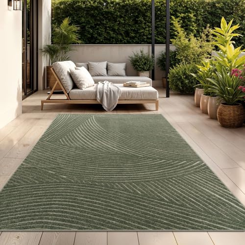 TT Home In-& Outdoorteppich Wetterfest Balkon Schlafzimmer Boho Skandi Motiv Unifarben Geometrische Optik Moderner Style, Farbe:Grün 2, Größe:160x230 cm