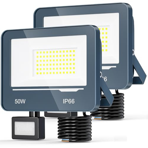 TOPAUBUB Spot LED Extérieur Detecteur de Mouvement 50W 5000LM - 6500K Blanc Froid Projecteur LED Exterieur Detecteur de Mouvement, IP66 Projecteur Extérieur avec Détecteur Jardin(2 Pièce)