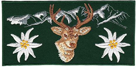 Alpen Berge Grün Hirsch Edelweiß Aufnäher zum aufbügeln Bügelbild Applikation Aufbügler für Kleidung gestickter Bügelflicken Blume Tracht Bayern Patch Größe 13 x 6,5 cm