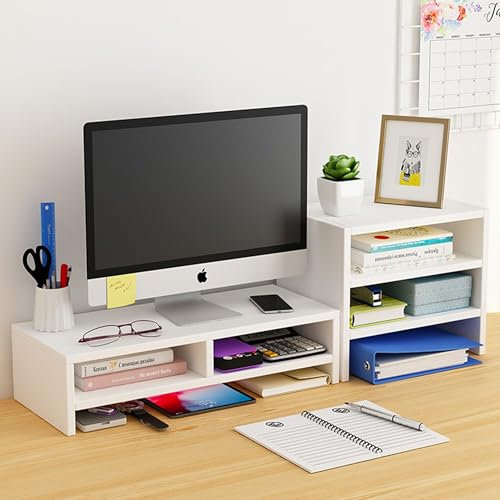 Azatemgo Support d'écran avec étagère de rangement, blanc, 75 cm x 23 cm x 18 cm