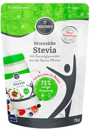 BORCHERS Streusüße Stevia 75g, Stevia-Maltodextrin Mischung, 1:1 wie Zucker, kalorienarm & zuckerfrei, leicht löslich, Zuckerersatz, Zuckeralternative