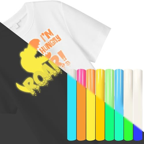 KNGNGK 8 Farben 30,5x25cm Textil Plotterfolie Nachtleuchtende Flexfolie Plotter Bügelfolie Textil HTV Transferfolie Plotter Vinylfolie für Textil DIY T-Shirt Stoff Fluoreszierend Leuchten im Dunkeln