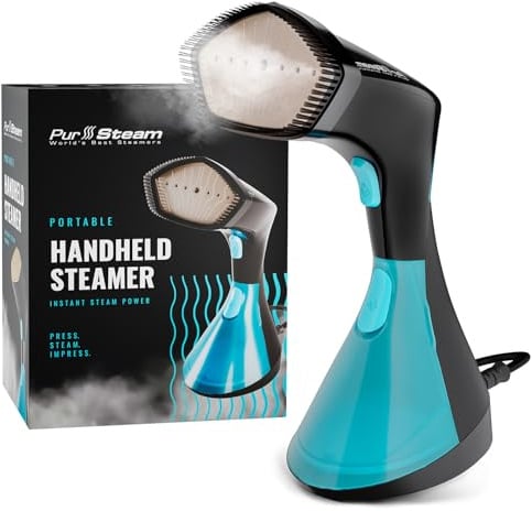 PurSteam SteamWave Handheld Garment Steamer - Fast Heat-Up 3 Steam Settings | 1650W | 25-Min Continuous Steam | 8.45 oz Removable Tank | Ceramic Soleplate | Auto Shut-Off | Portable for Home & Travel