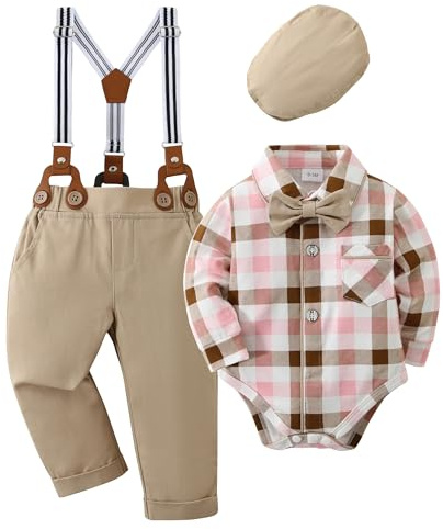 Amissz Baby Boy Gentleman Clothes Suit Infant Formal Long Sleeve Tuxedo Romper Jumpsuit + Suspender Pants + Beret Hat 3pcs Khaki, 3-6 Months