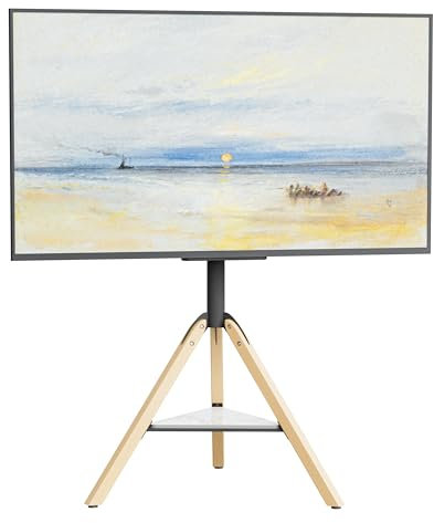 UNHO Tripod Easel TV Stand: Corner TV Floor Stand with Solid Wood Legs and Marble Shelf Height Adjustable Swivel TV Mount for 40 to 75 Inch LCD LED OLED Screen Max VESA 600x400mm 40KG