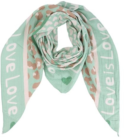Damen Musselin Halstuch Made in Italy mit Leo Love Happy– Leichtes Dreieckstuch für Frühling & Sommer, Baumwolle, ca.195x85 cm (Love Mint)