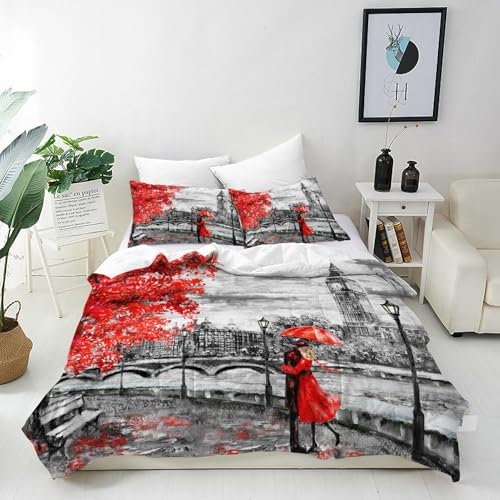 ANHOPE Ölgemälde London Big Ben Rot Baum Bettwäsche Set Microfaser Bettbezüge mit Reißverschluss 2 Teilig Bettbezug 135x200 cm + Kissenbezug 80x80 cm Weich Ganzjahres Bettdeckenbezug Set