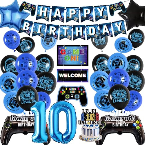 10th Birthday Banner Decorations Kids - Blue Double digits Gaming Party Decor Set with Controller Foil Balloons, Happy Birthday Banners Balloon Cake Topper for Boys 10 Years Old Party Supplies