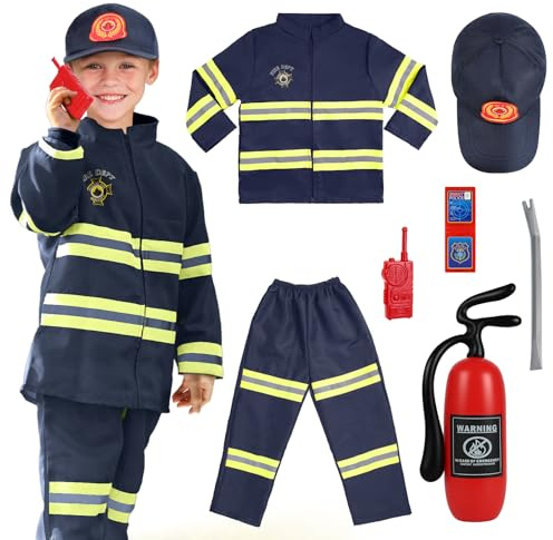 AYBUY Feuerwehr Kostüm Set für Kinder, Feuerwehrmann Kostüm Kinder, Feuerwehr Rollenspiel mit Spielzeug-Feuerlöscher, Waschbares Feuerwehrmann Set für Karneval, Fasching, Mottoparty (120CM)