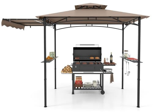 COSTWAY Gazebo per Barbecue, Pergola per BBQ con Tendalino Laterale, Tetto a 2 Livelli, 2 Ripiani Laterali, Ganci Appesi, Apribottiglie, per Giardino e Cortile, 318 x 153 x 250 cm (Marrone)