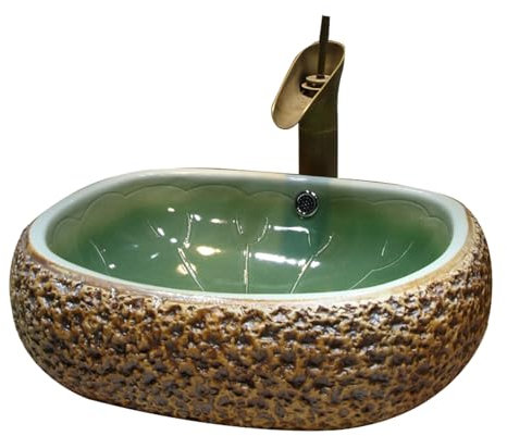asdchZen Lavabo De Baño De Cerámica Retro China, con Rebosadero, Imitación Piedra Original.