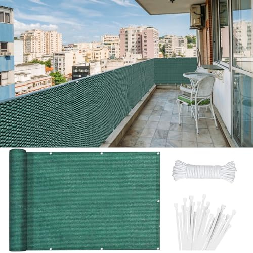 Balkonbespannung Sichtschutz 125 x 350 cm HDPE Balkonbespannung mit Kabelbinder Atmungsaktiv Sonnenschutz Balkon Ohne Bohren für Balkongeländer Terrasse, Dunkelgrün