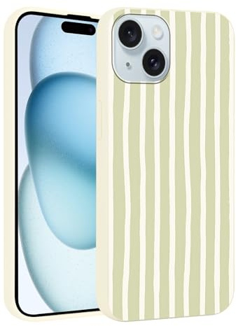 Yirlbey Coque pour iPhone 15 Plus 6,7'', Housse Blanc Cassé Silicone avec Vert Blanc Stripes Striped Aesthetic Dessin Motif Design, Étui pour Fille Fine TPU Souple Antichoc Protection Case, Rayures