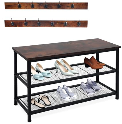 Relaxdays shoe rack with coat rack, shoe storage for 6 pairs, HWD: 45x80x30 cm, hooks, industrial style, black/brown