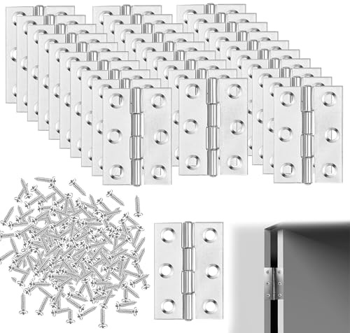 30PCS Hinges for Wood, Silver, Stainless Steel, 2 Inch, Small | Folding Butt, 6 Holes, 50mm, Internal Door Hinge for Cabinet Door or Internal Doors Window Box, With 180 Screws