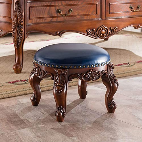 QYMYOZ Poggiapiedi Imbottito in Pelle Blu Vintage con Chiodi in Rame e Gambe in Legno Intagliato. Elegante poggiapiedi per Camera da Letto, Soggiorno o Comodino dal Design Elegante.