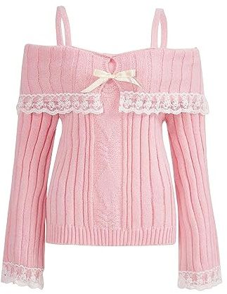 Lxootd Womens Y2K Vintage Off Shoulder Sweaters Long Sleeve Contrast Lace Knit Pullovers Bow Front Jumper Tops Coquette Clothes