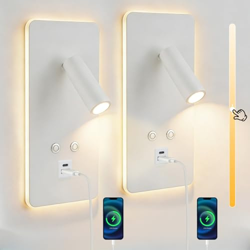2 lámparas de lectura LED de pared, lámpara de Pared regulable sin escalonamientos, lámpara de lectura de pared con puerto de carga USB y tipo C e interruptor para dormitorio, hotel, pasillo(Blanco)