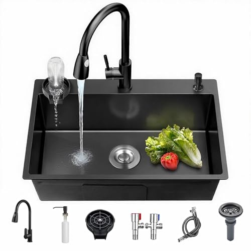 Coubird Fregadero de cocina negro de acero inoxidable para empotrar/superponer, pequeño fregadero individual, fregadero de cocina con accesorios de goteo, adecuado para cocinas, bares y autocaravanas