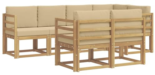 vidaXL Outdoor-Sofagarnitur mit Kissen 7 pcs Weiß und Beige Polyester, Stylisches Outdoor-Sofa-Set, Moderne Gartenmöbel, wetterfestes Akazienholz, modulares Sitzen für Terrasse und Lounge