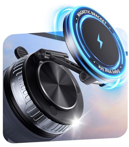 VMKLY for MagSafe Car Mount Charger with Vacuum Suction, 15W Wireless Charging Magnetic Phone Holder for Car, Portable Dashboard & Windshield Mount, 20× N55 Magnets for iPhone Samsung (Black)