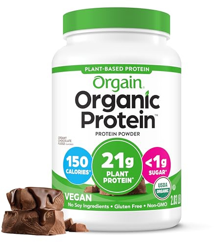 Orgain Organic Vegan Protein Powder, Creamy Chocolate Fudge - 21g Plant Protein, 6g Prebiotic Fiber, Low Net Carb, No Lactose Ingredients, No Added Sugar, Non-GMO, For Shakes & Smoothies, 2.03 lb