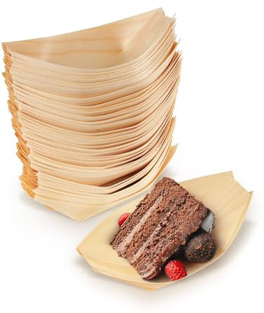 BambooMN Brand - Disposable Wood Boat Plates/Dishes, 7.9 Long x 4 Wide x 1 High, 100 Pieces