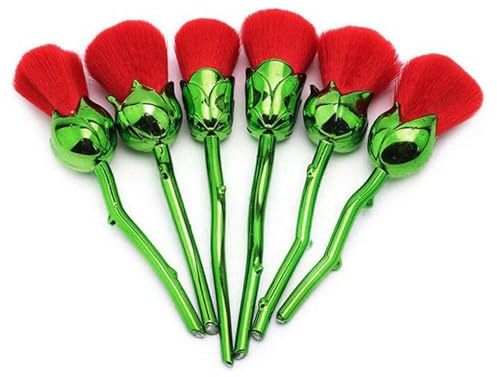 Beauty and the Beast Inspired Rose Makeup Brush Set, Soft Synthetic Cosmetics Brushes with Glossy Flower Stem Handles for Blending, Foundation & Eyeshadow, Perfect Beauty Gift - 6 Pcs
