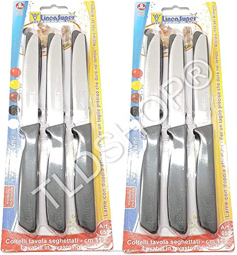 TLDSHOP® Linea Super - Inox - Set di 12 Coltelli da tavola seghettati Colore Nero - cm 11 (Nero, 12)
