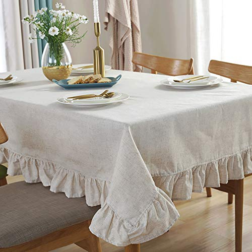 Lanqinglv Beige Tischdecke Abwaschbar Rechteckig Baumwolle Leinen Tischdecke 140x220cm Rüschen Einfarbig Gartentischdecke Couchtisch Outdoor Tischtuch Vintage Hochzeit Dekoration (140x220,BE)
