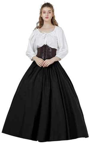 BEAUTELICATE Jupe Médiévale Victorienne en 100% Coton Renaissance Moyen Age Costume Retro Jupe Longue A-Line De Femme Noir, M