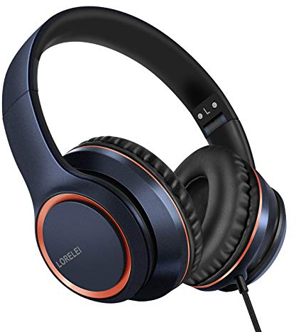 LORELEI X8 Wired Over-Ear Headphones with Microphone 1.45M Tangle-Free Nylon Line and 3.5mm Plug, Lightweight Foldable and Portable Headphones for Tablet, Computer, MP3/4 (Dark Blue)