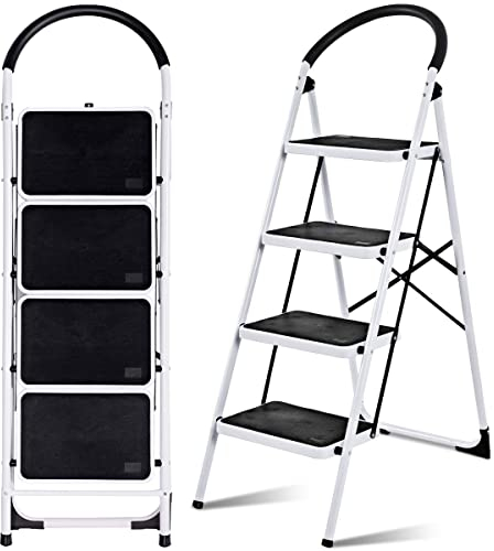 GIANTEX Trittleiter 4 Stufen klappbar, Klapptritt Klapptrittleiter 150 kg Tragfähigkeit, Stufenleiter Haushaltsleiter mit Sicherheitsbügel, Anti-Rutsch, Metall, weiß
