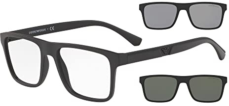 Emporio Armani EA4115 Sunglasses with Two Interchangeable Clip-Ons, Matte Black/Clear/Light Grey/Dark Grey, 52 mm